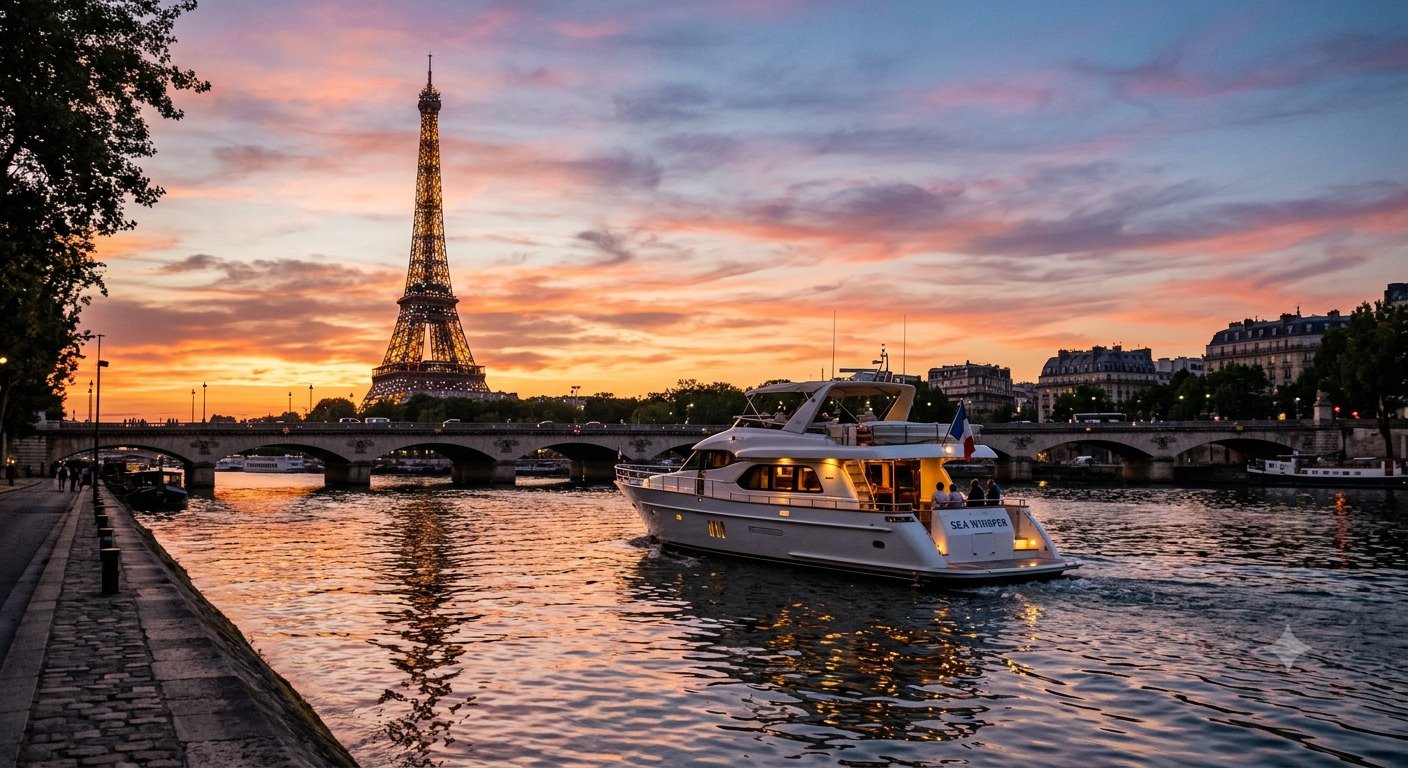 Yacht privé sur la Seine au coucher du soleil, Tour Eiffel en arrière-plan