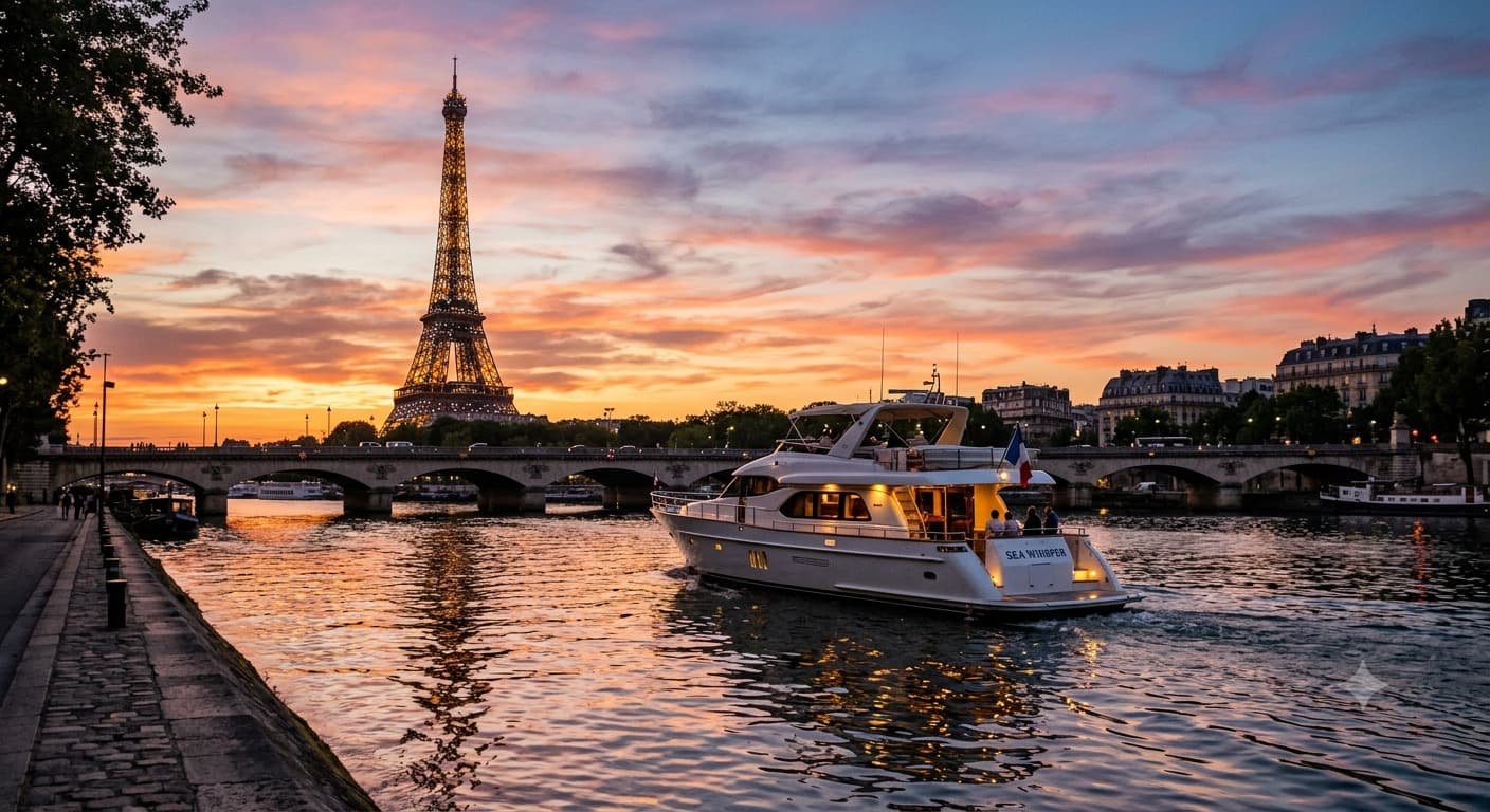 Private yacht on the Seine at sunset, with the Eiffel Tower in the background
